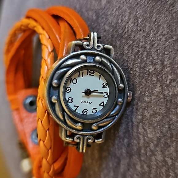 3/$30 Vintage Orange Boho Leather Beaded Watch Bracelet - Picture 3 of 6